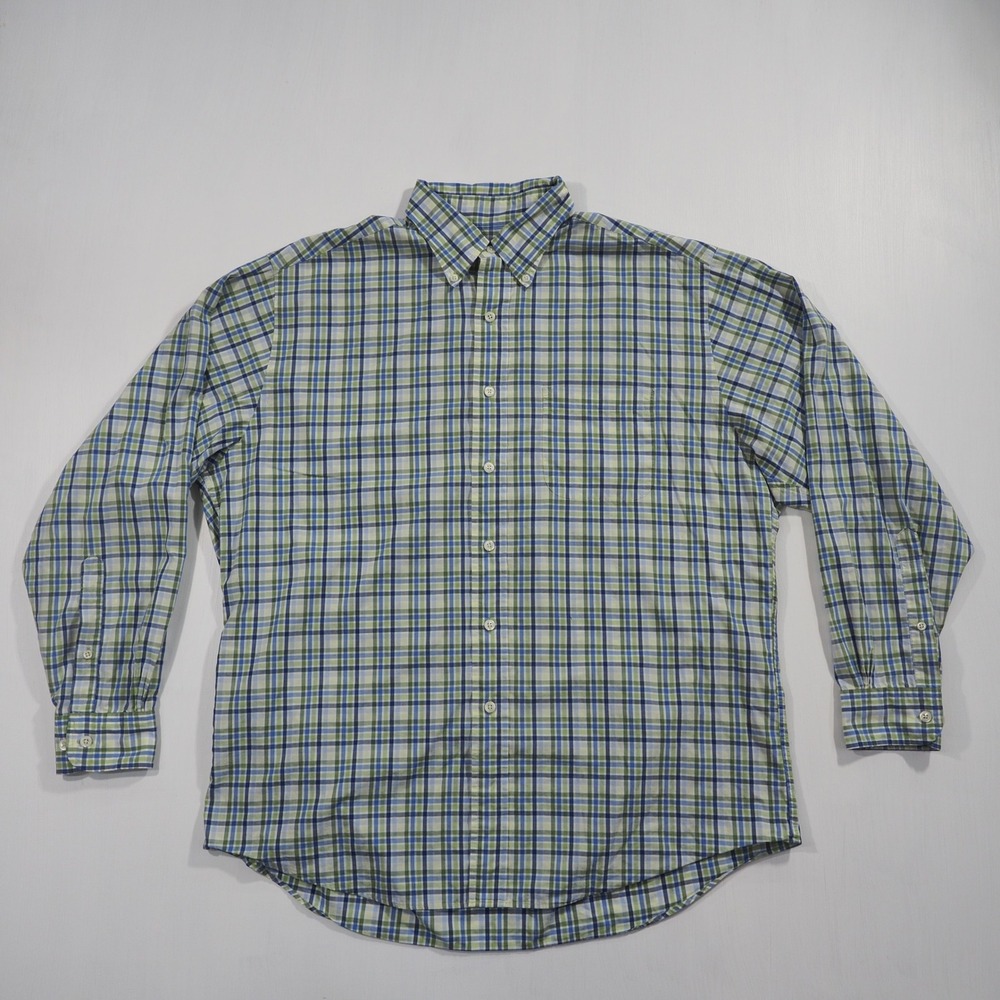 Vintage Brooks Brothers Shirt Mens Large Green Blue Plaid Cotton Button Down